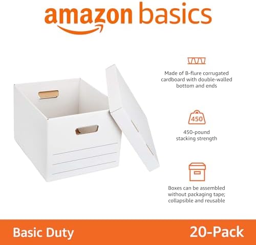 Amazon Basics Storage/Filing Boxes with Lift-Off Lid, Letter/Legal Size, Collapsible, Tape-Free Assembly, White, 16.2" L x 12.5" W x 10.5" H, 20-Pack - Image 2