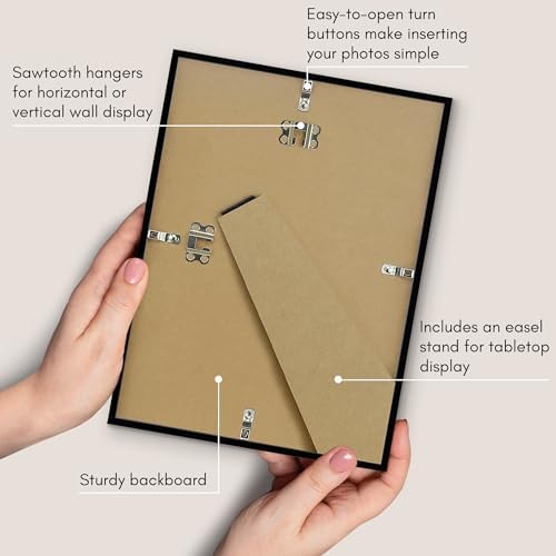 Americanflat 8x11 Picture Frame with Shatter-Resistant Glass - Set of 2 - Streamline Collection - Thin Border Photo Frame for Tabletop and Wall - Hanging Hardware and Easel Stand Included - Black - Image 6
