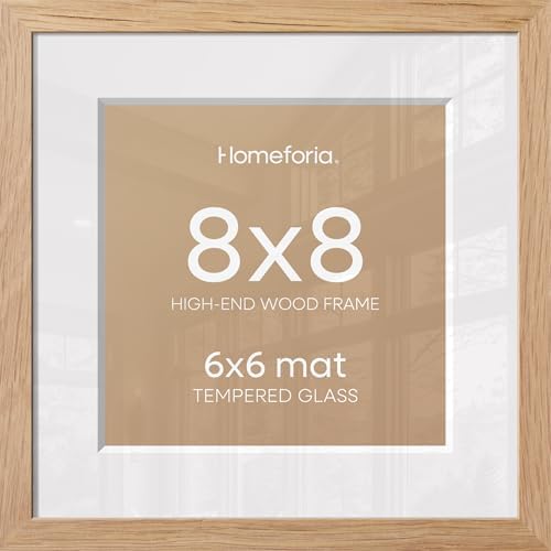 Homeforia 8x8 Natural Oak Picture Frame, High-End Wood, 6x6 Mat, Glass by Homeforia