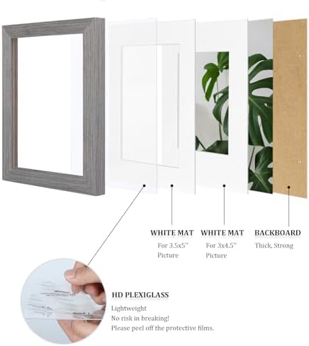 Egofine 4x6 Picture Frames Set of 4, Made of Solid Wood Covered by Plexiglass 3x4.5 and 3.5x5 with Mat or 4x6 without Mat, for Table Top Display and Wall Mounting Photo Frame, Light Grey - Image 4