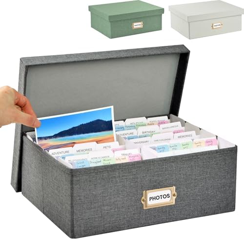 Linen Photo Storage & Keepsakes Box with Dividers for Cards & Photos by Qerlei