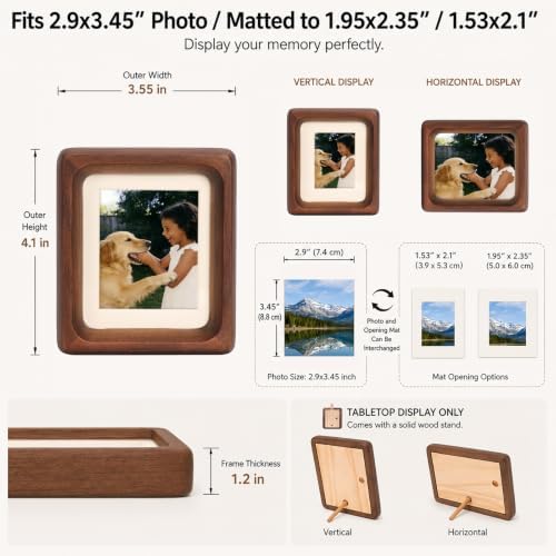 Solid Walnut Picture Frame with Plexiglass, Compatible with Instax Mini & Polaroid Go film, Small Wood Photo Frame with Decorative Joinery Corners, Tabletop Display (Walnut, For 2.1x3.4 / 3.4x2.8 / 2.6x2.1 Photo) - Image 5
