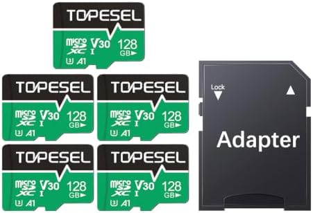 TOPESEL 128GB Micro SD Card 5 Pack with Adapter, High Speed TF Card, Memory Card microSDXC for Camera, Smartphone, Tablet, Dash Cam, Drone, UHS-I, U3, A1, 4K UHD, V30(128GB 5Pack) by TOPESEL