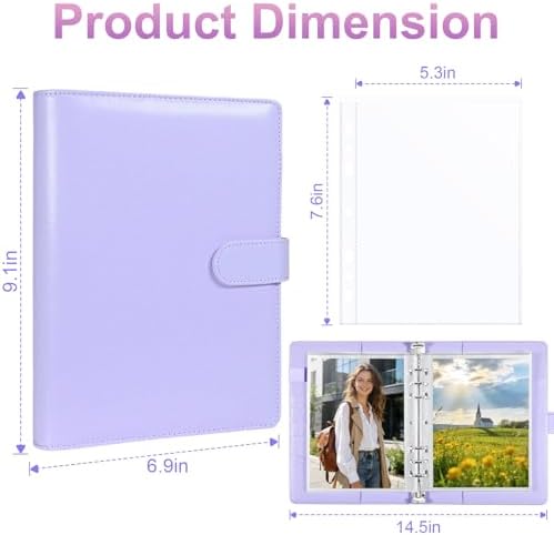 PU Leather A5 Binder, 5x7 Photo Sleeves with 60 Pockets, Secure Top Loading Pages, Refillable Adjustable Album for Keepsakes, Purple - Image 5