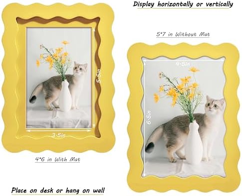 5x7 Yellow Picture Frame with Mat for 4x6, Curved Wavy Edge Deco Wooden Real Glass, Vertical or Horizontal Display Photo Gallery Wall & Tabletop Frame - Image 3
