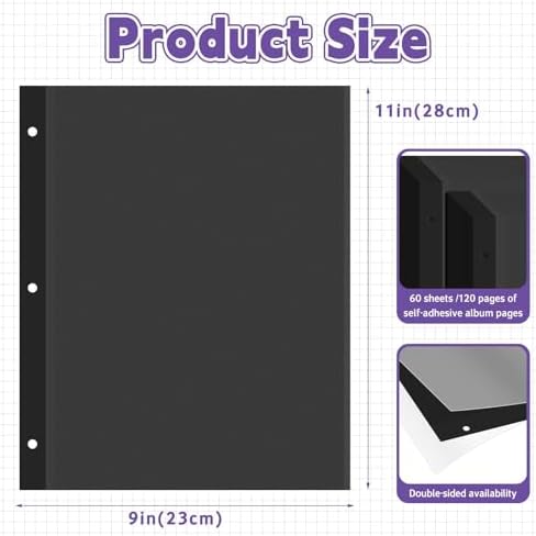 VOKOY 60 Sheets/120 Pages Photo Album Pages for 3 Ring Binder, Black Self Adhesive Scrapbooking Album Refill Pages Replacement Photo Album Sheets for 2x3 4x6 5x7 8x10 Photo or Cards, 11 x 9 Inch - Image 2