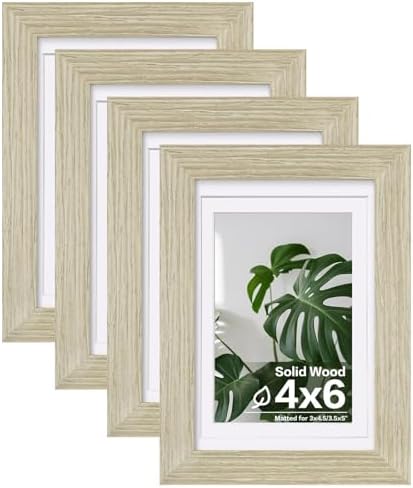 Egofine 4x6 Picture Frames Set of 4, Made of Solid Wood Covered by Plexiglass 3x4.5/3.5x5 with Mat or 4x6 without Mat, for Table Top Display and Wall Mounting Photo Frame, Distressed Wood Grain by Egofine