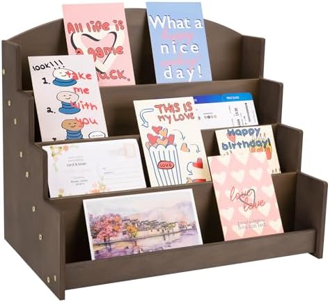 4 Tier Wooden Greeting Card Display Stand, Brown by Aubeco