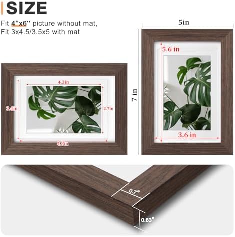 Egofine 4x6 Picture Frames Set of 4, Made of Solid Wood Covered by Plexiglass 3x4.5 and 3.5x5 with Mat or 4x6 without Mat, for Table Top Display and Wall Mounting Photo Frame Brown - Image 3