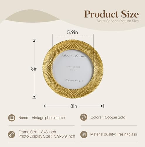 Cuspin 6x6 Round Gold Picture Frame, Vintage Woven Circle Photo Frame - Image 6