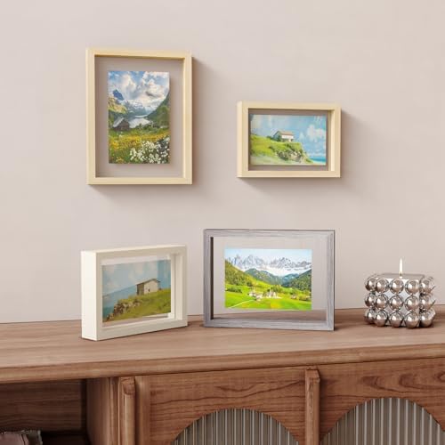 Egofine 6x8 Floating Frames Set of 2, Double Plexiglass Picture Frame, Made of Solid Wood Display Any Size Photo up to 6x8, Wall Mount or Tabletop Standing, Beige - Image 4