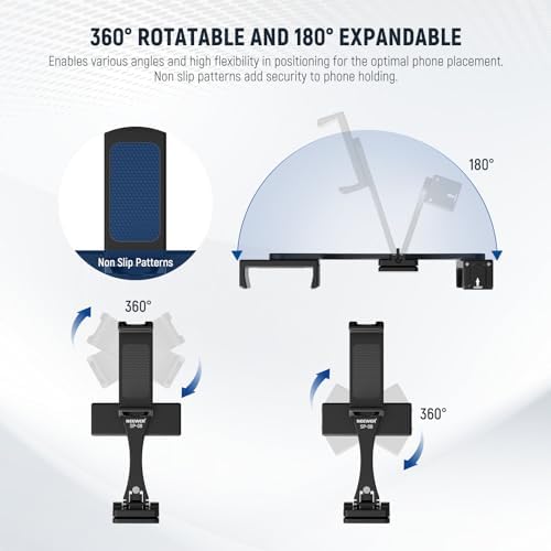 NEEWER Metal Phone Tripod Mount Adapter with Arca QR Base, 360° Rotatable Dual Cell Phone Clip Clamp Holder with 4 Cold Shoes Compatible with iPhone Samsung for Vlog Live Stream Video Recording, SP-08 - Image 6