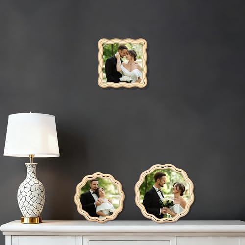 High-End Gold 4x4'' Round Zinc Alloy Picture Frames,Unique Wave Design,Heavy Weight Photo Frame with Premiunm Soft Velvet & Backing for Tabletop or Home Decor - Image 3