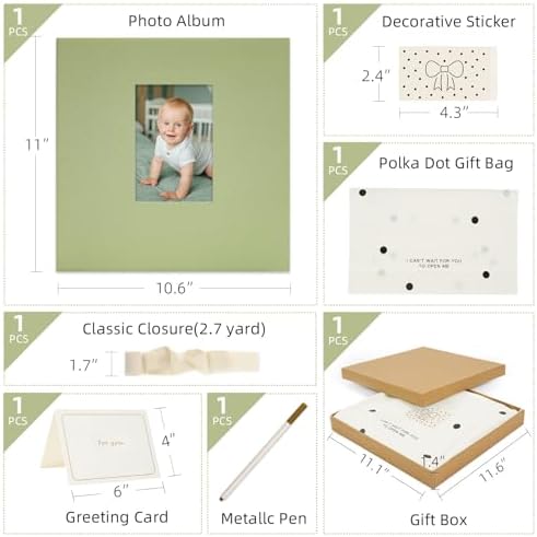 Vienrose Self Adhesive Photo Album Gift Set, Linen Cover Scrapbook with DIY Window, Holds 4x6 5x7 8x10 Photos, 30 Sheets 60 Pages for Family Wedding Baby, Includes Pen, Card, Lace Strap, Green - Image 3