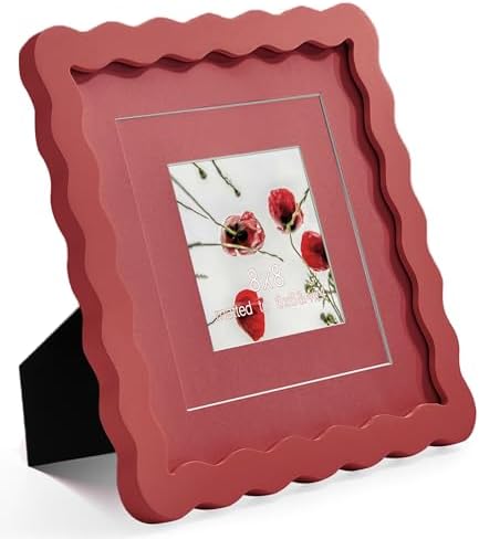 8x8 Red Picture Frame with Mat for 6x6/4x4, Curved Wavy Edge Deco Wooden Real Glass, Vertical or Horizontal Display Photo Gallery Wall & Tabletop Frame by Gdfmsc