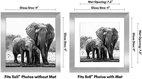 Americanflat 11x11 Picture Frame with Shatter-Resistant Glass - Use as 8x8 Frame with Mat or Display 11x11 Photo Without Mat - Signature Collection - Square Frames for Wall Display - Silver - Image 2