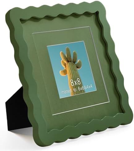 8x8 Green Picture Frame with Mat for 6x6/4x4, Curved Wavy Edge Deco Wooden Real Glass, Vertical or Horizontal Display Photo Gallery Wall & Tabletop Frame by Gdfmsc