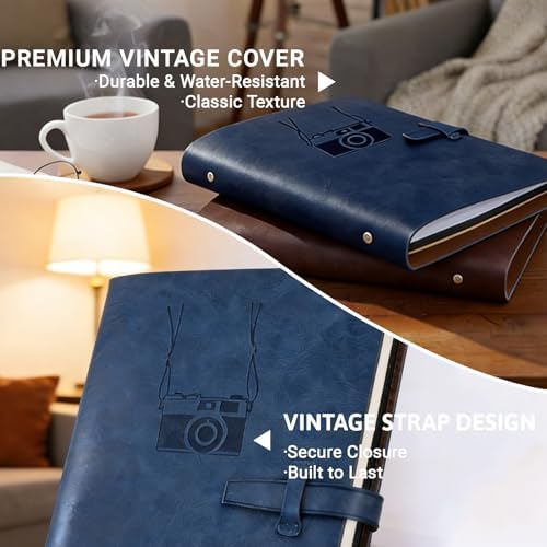 Vintage PU Leather DIY Scrapbook, 6-Ring Refillable 180° Lay Flat Photo Album Holds 220 4x6 Photos, 25 Blank Pages, Gift for Wedding Baby Travel Family - Blue - Image 6