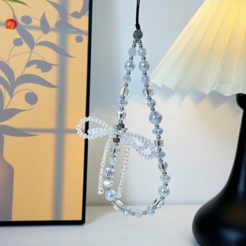 Cell Phone Charm Pearl Beaded Phone Wrist Strap Elegant Aesthetic Handmade Anti-Lost Pearl Chain Bracelet for iPhone 17 Pro Samsung All Smartphones Wristlet Gift for Women Clear Crystal Double Bow Faux - Image 5