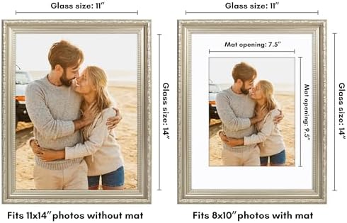 Americanflat 11x14 Picture Frame with Shatter-Resistant Glass - Use as 8x10 Frame with Mat or Display 11x14 Photo Without Mat - Ornate Picture Frames for Wall Display - Silver - Image 2