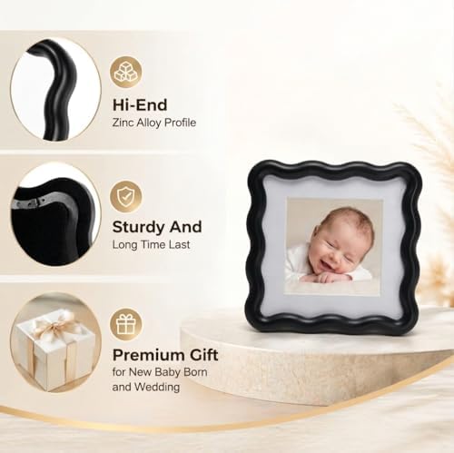 High-End Black 4x4'' Square Zinc Alloy Picture Frames,with Acid Free Mat for 3x3'',Unique Wave Design,with Premuim Soft Velvet & Backing for Tabletop or Home Decor - Image 2