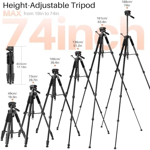 74'' Camera Tripod, Fotopro Lightweight Aluminum Travel Tripod for DSLR Camera and Phone with Detachable 3-Way Pan-Tilt Head Carry Bag and Mount Phone Stand for Video Recording Live Streaming - Image 2