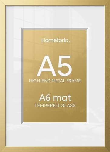 Homeforia A5 Gold Picture Frame, High-End Metal, A6 Mat, Glass by Homeforia