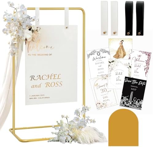 Wedding Sign Holder, Adjustable Welcome to Our Wedding Sign Stand W/Design Bundle & Leather Sign Hanging Straps, Heavy Duty Easel Stand for Sign, Wedding Seating Chart Stand, Easel for Display (Gold) by Furosa