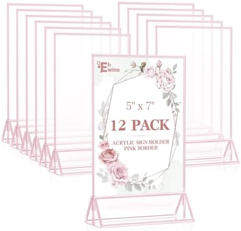 EHWINE 12 Pack Acrylic Sign Holder 5 x 7, Double-Sided Stand up Table Top Sign Holders, Pink Acrylic Picture Frame Menu Flyer Paper Holder Display Stand for Office Business Store Wedding Party by EHWINE