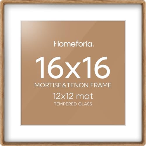 Homeforia 16x16 Mortise&Tenon Natural Oak Picture Frame, 12x12 Mat, Glass by Homeforia