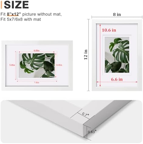 Egofine 8x12 Picture Frames Set of 4, Made of Solid Wood Covered by Plexiglass 5x7 and 6x8 with Mat or 8x12 without Mat, for Table Top Display and Wall Mounting Photo Frame White - Image 3