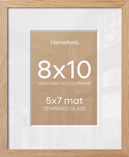 Homeforia 8x10 Natural Oak Picture Frame, High-End Wood, 5x7 Mat, Glass by Homeforia