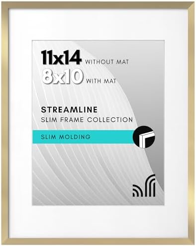 Americanflat 11x14 Picture Frame with Shatter-Resistant Glass - Use as 8x10 Frame with Mat or Display 11x14 Photo Without Mat - Streamline Collection - Thin Border Picture Frames for Wall - Gold by Americanflat