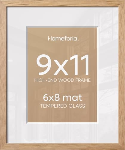 Homeforia 9x11 Natural Oak Picture Frame, High-End Wood, 6x8 Mat, Glass by Homeforia