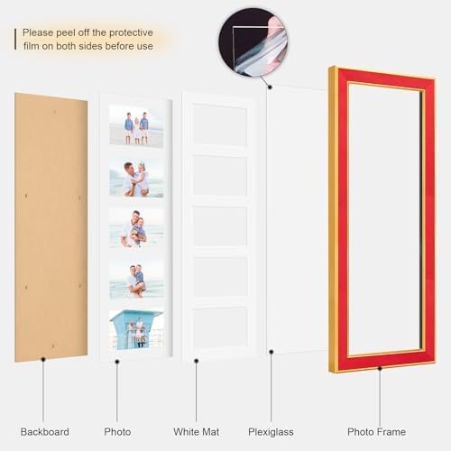 Suede 8x24 Picture Frame Display 5 Opening Picture Frames Collage 4x6 Wall Decor with Mat,Multi Photo Frame for Plexiglass,Wall Decor,1Pack,Red - Image 2