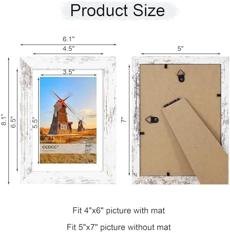 5x7 Picture Frame Set of 2, 5 x 7 Wood Photo Frames with Mat for 4x6, Rustic Natural Wooden Frame with Real Glass Cover for Wall and Tabletop Display,Distressed White - Image 4