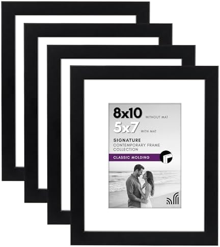Americanflat 8x10 Picture Frame with Shatter-Resistant Glass - Set of 4 - Use as 5x7 Frame with Mat or Display 8x10 Photo Without Mat - Signature Collection - Photo Frames for Tabletop or Wall - Black by Americanflat