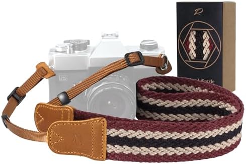 Padwa Lifestyle Stripes Camera Strap - 1.5" Crazy Horse Cowhide Head Soft Cotton Rope Weave Camera Straps for Photographers and All Cameras,Cute Adjustable Vintage Woven Strap for Adults & Kids by PadwaLifestyleCameraStrap