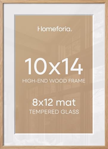 Homeforia 10x14 Natural Oak Picture Frame, High-End Wood, 8x12 Mat, Glass by Homeforia