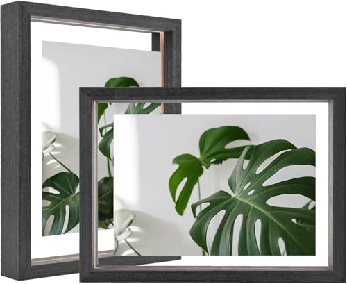 Egofine 6x8 Floating Frames Set of 2, Double Plexiglass Picture Frame, Made of Solid Wood Display Any Size Photo up to 6x8, Wall Mount or Tabletop Standing, Rustic Black by Egofine