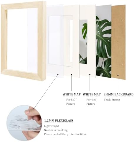 Egofine 6x8 Picture Frames Set of 4, Made of Solid Wood Covered by Plexiglass 4x6 and 5x7 with Mat or 6x8 without Mat, for Table Top Display and Wall Mounting Photo Frame Oak Wood - Image 4