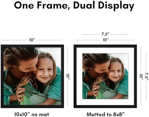 Americanflat 10x10 Picture Frame with Shatter-Resistant Glass - Use as 8x8 Frame with Mat or Display 10x10 Photo Without Mat - Streamline Collection - Square Frames for Tabletop or Wall - Black - Image 3