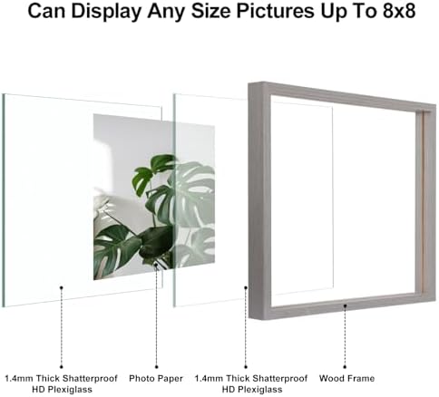 Egofine 8x8 Floating Frames Set of 2, Double Plexiglass Picture Frame, Made of Solid Wood Display Any Size Photo up to 8x8, Wall Mount or Tabletop Standing, Light Grey - Image 3