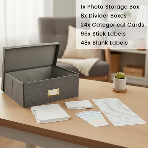 Linen Photo Storage & Keepsakes Box with Dividers for Cards & Photos - Image 3