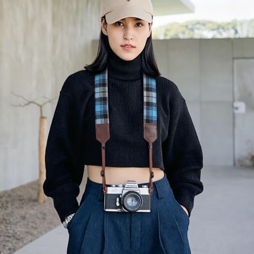 Padwa Lifestyle Camera Strap - 2" Full Grain Leather Ends Camera Straps for Photographers, Unique Vintage Cashmere and Soft Suede Fabric Padded Strap Quick Release fits All Cameras(Blue Check) - Image 2