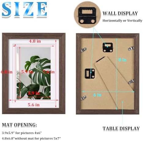 Egofine 6x8 Picture Frames Set of 4, Made of Solid Wood Covered by Plexiglass 4x6 and 5x7 with Mat or 6x8 without Mat, for Table Top Display and Wall Mounting Photo Frame Brown - Image 3