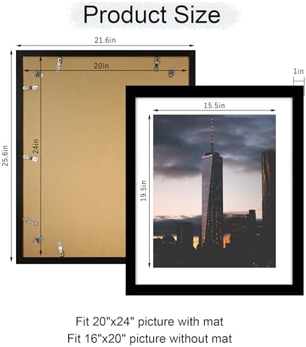 20x24 Picture Frame Set of 2, 20 x 24 Wood Poster Frames with Mat for 16x20, Wooden Photo Frames with Tempered Glass Cover for Wall Display,Black - Image 4