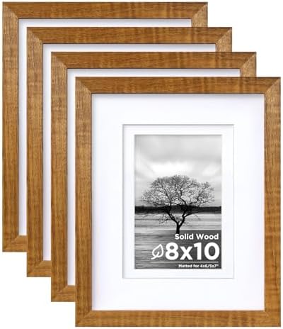 Egofine 8x10 Picture Frames Set of 4, Made of Solid Wood Covered by Plexiglass 4x6 and 5x7 with Mat or 8x10 without Mat, for Table Top Display and Wall Mounting Photo Frame, Teak Wood by Egofine