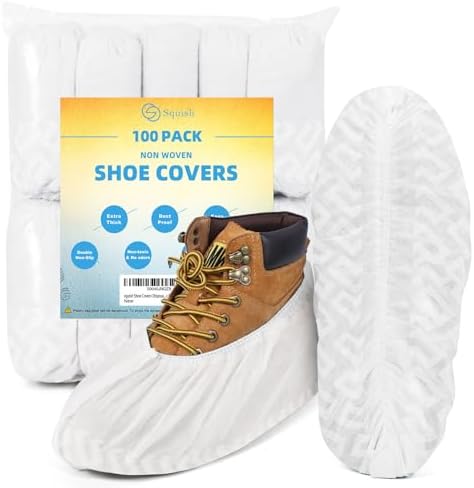 squish Shoe Covers Disposable Non Slip, 100 Pack(50 pairs) White Thick Extra Disposable Boot Covers Slip Proof Shoe Cover for Indoors Outdoors Durable Protector Covers Fits Virtually Most Shoes by squish