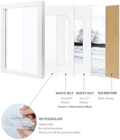 Egofine 11x14 Picture Frames Set of 4, Made of Solid Wood Covered by Plexiglass 5x7 and 8x10 with Mat or 11x14 without Mat, for Table Top Display and Wall Mounting Photo Frame White - Image 4